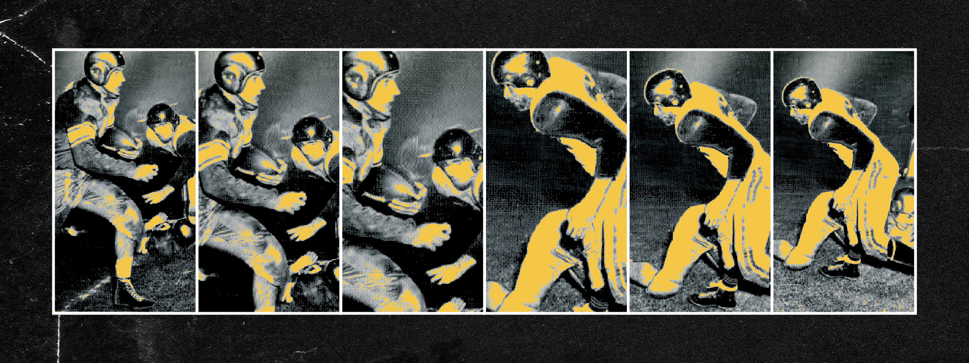 Sequence of vintage football players in multiple frames rendered in black, white, and gold