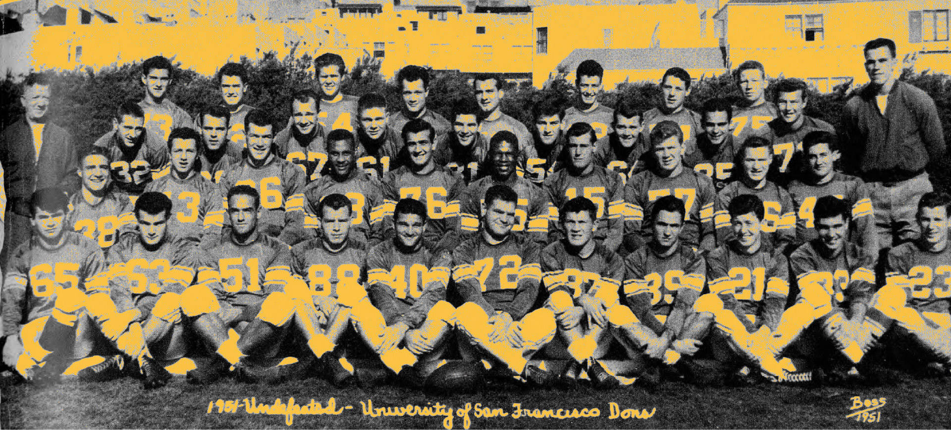 University of San Francisco 1951 football team photo rendered in black, white, and yellow