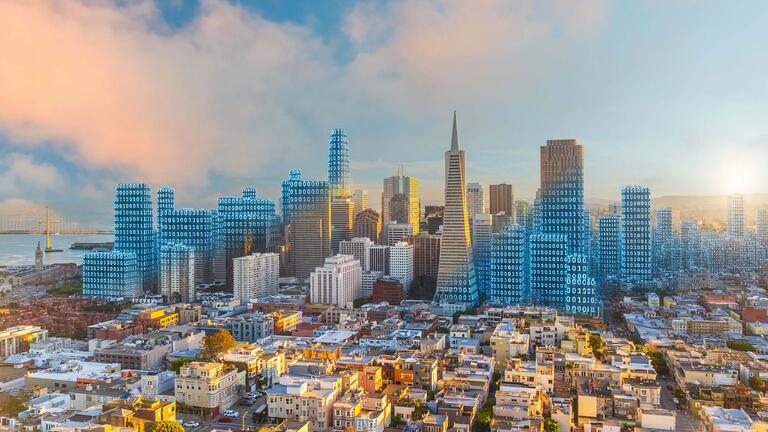 Downtown San Francisco edited to have the buildings made up of numbers