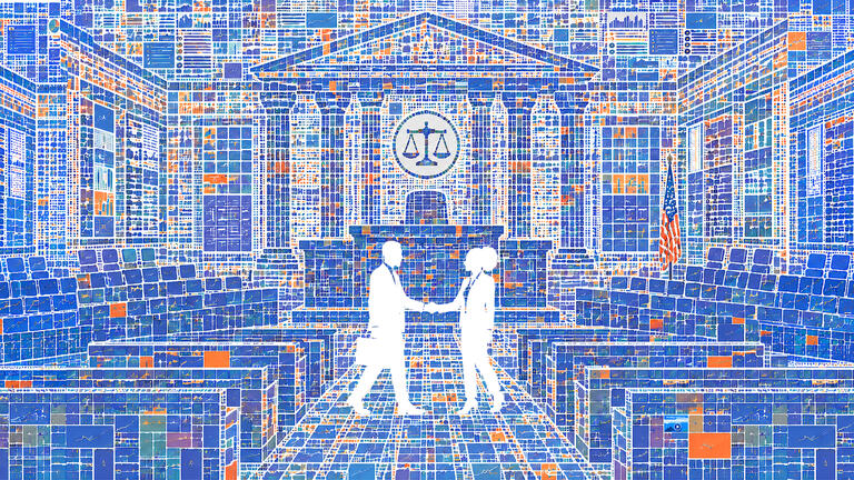 Outline of two people shaking hands in a court room