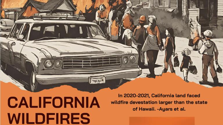 cropped essential California Wildfire Preparedness infographic featuring an illustration of a car and people with house fires in the background