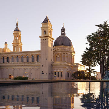 St Ignatius Church reflected in the Library mirror pool.