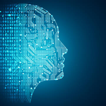 Digital human profile made of glowing circuit patterns and binary code, representing artificial intelligence, on a dark blue background