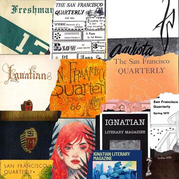 Collage of past cover issues of the Ignatian Literary Magazine