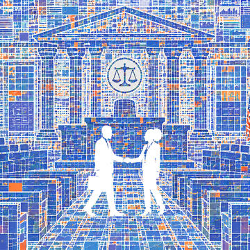 Outline of two people shaking hands in a court room